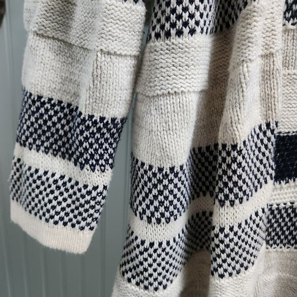 American Living Black and White Stripe Knit Half Sleeve Fringe Open Cardigan - Picture 3 of 7